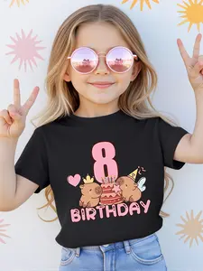 8th Birthday Girl T-Shirt - Cute Kawaii Capybara Crown & Balloon Cake Print, Soft Breathable Summer Short Sleeve Tee for Kids, Machine Washable Casual Party Gift for Girls, Girls Birthday Gifts, Playful Graphic Tee, Comfortable Fit