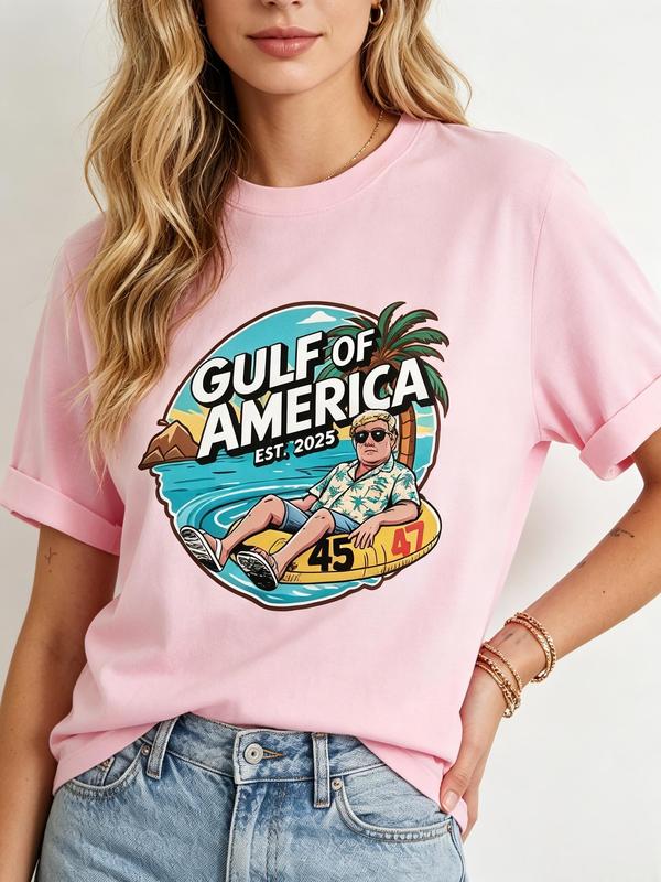 Women's Pure Cotton Fitted Short-Sleeve Crew Neck Tee - Trump Gulf of America Retro Graphic Print, Retro Look, Lightweight Comfortable Casual Beach Tshirt