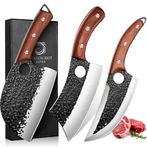DRAGON RIOT Professional Butcher Knife Set for Meat Processing, 3Pcs High Carbon Steel Hand Forged Serbian Cleaver Chef Knife Set with Handles for Kitchen Outdoor Cooking Blade Knife Block Knife Storage Chopping Stylish  Block Kitchen Knives