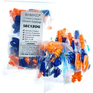 12 Pairs Corded Silicone Ear Plugs - Individually Wrapped - Reusable Noise Cancelling Earplugs for Hearing Protection - Shooting Range Noise Reduction, Construction Work, Hunting Ear Protection