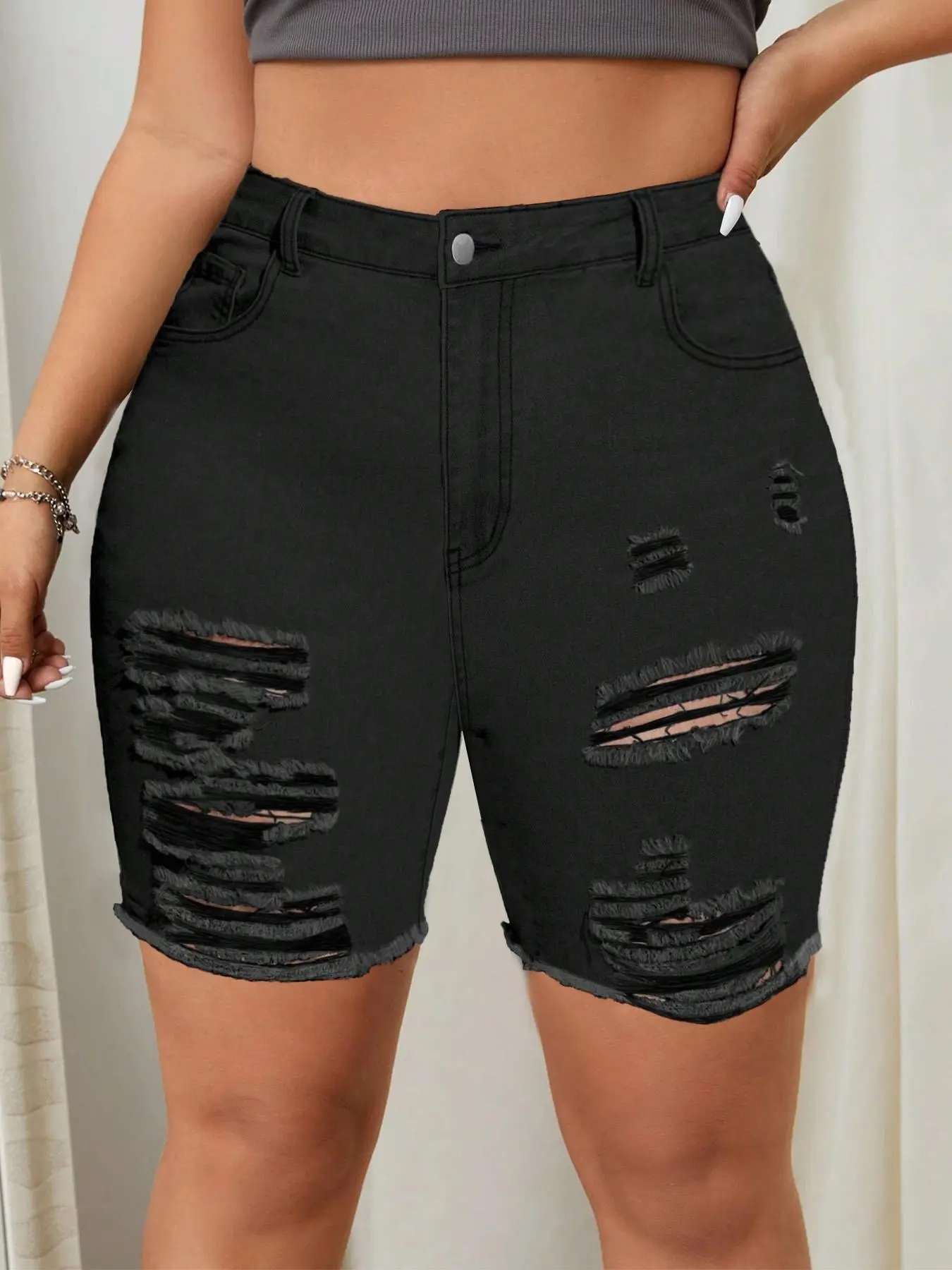Plus Size Women's High Waist Ripped Stretch Denim Mom Shorts, Fashion Casual Basic Denim Shorts for Daily Outdoor Wear, Women's Summer Bottom