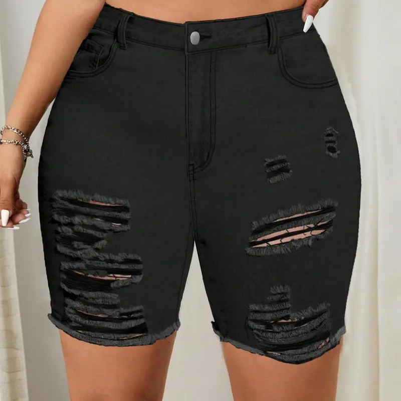 Plus Size Women's High Waist Ripped Stretch Denim Mom Shorts, Fashion Casual Basic Denim Shorts for Daily Outdoor Wear, Women's Summer Bottom Jean Shorts High Waisted