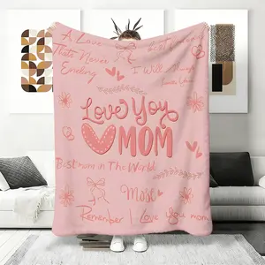 Sweet Hand-Drawn 'Love You Mom’ Flannel Throw, Pink with Hearts & Bows Fleece Blanket, 'I Will Always Love You’ Print, Cozy Gift for Mother’s Day Birthday,bedding