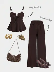 Women's Casual Tie-Back Tank Top and Comfortable Wide-Leg Straight Pants 2-Piece Set, Spring Summer Fashion