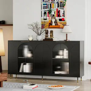 Dreamzon Accent Cabinet Black Lacquered Wooden Cabinet with 4 Glass Doors Sideboard Buffet Server Cabinet Storage Cabinet, for Living Room, Entryway, Hallway, Office, Kitchen and Dining Room