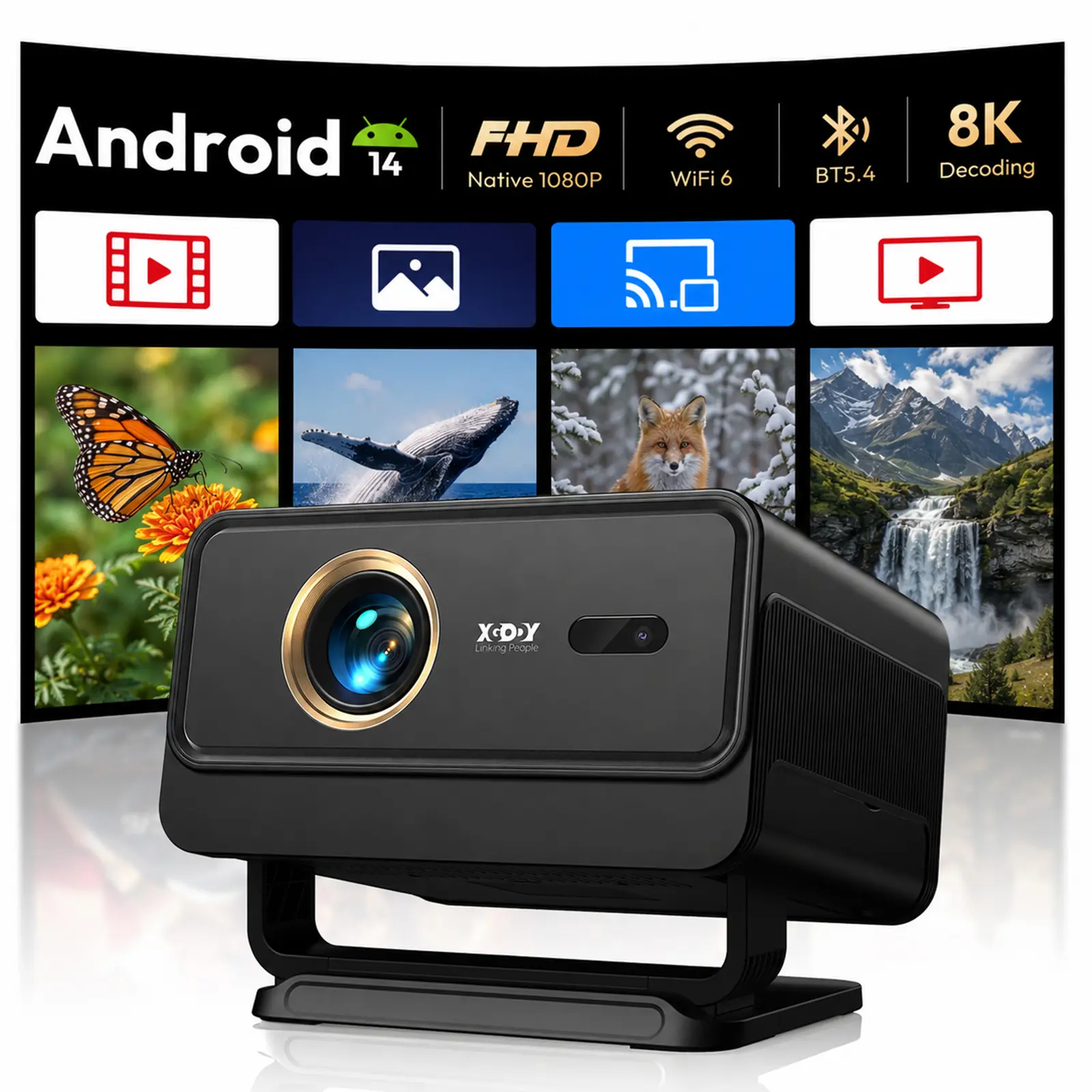 XGODY Gimbal A4 Smart Projector | Native 1080P, 700 ANSI, Android 14 | Auto Focus & Keystone, WiFi 6 & BT 5.4 | 2×5W HiFi Speaker | Compact Home Cinema for Cozy Movie Nights & Bedroom Ceiling Projection