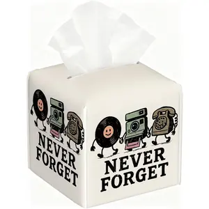 Retro Nostalgic Tissue Box Cover, 5.2-Inch Square PU Leather Holder with Cartoon Record/Camera Pattern & "Never Forget" for Living Room/Bathroom, Gift for Retro Style Lovers & Housewarming