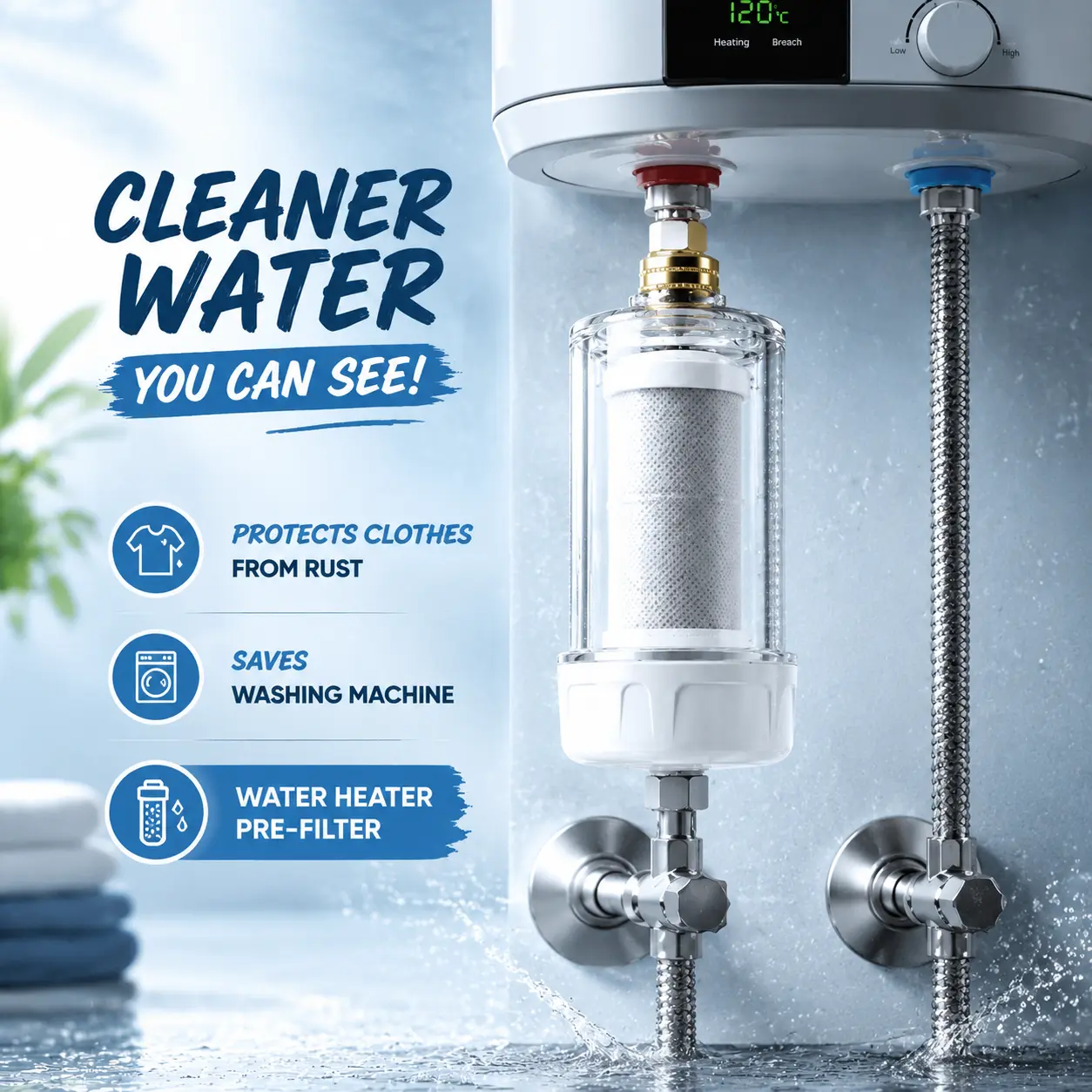 Transparent Inline Water Filter for Shower & Washing Machine – Removes Chlorine, Rust & Sediment, Protects Clothes（Adapter not included）