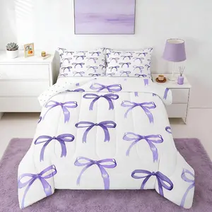 Bow Bedding Set Purple Comforter for Kids,Women,Men - Ultra Soft Cute Bowknot Duvet Set,Kawaii Room Decor,Lovely Quilt Set for Boys and Girls