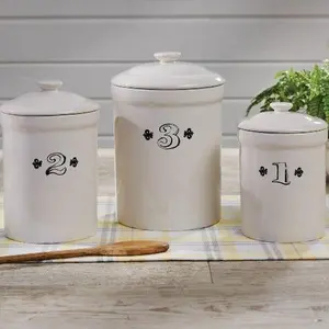 Kitchen Three Cream Ironstone Counter Canisters Organiser Set