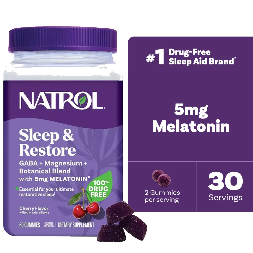 Natrol Sleep + Restore Magnesium Glycinate Blend Gummies with Melatonin 5mg - Calm Magnesium with GABA, Botanical Blend, Cherry Flavor, 60 Gummies