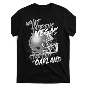 What Happens in Vegas Started in Oakland Graphic T-Shirt - Black Retro Streetwear Tee with Football Helmet Design, Unisex Cotton Round Neck Short Sleeve Shirt for Men & Women, Machine Washable Casual Top