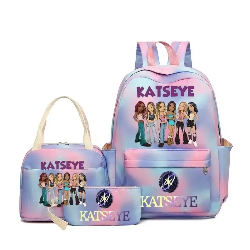 KATSEYE 3Pcs Backpack Set for Girls - Marble Gold Foil School Bag with Insulated Lunch Bag & Pencil Case, K-Pop Aesthetic Back to School Gift