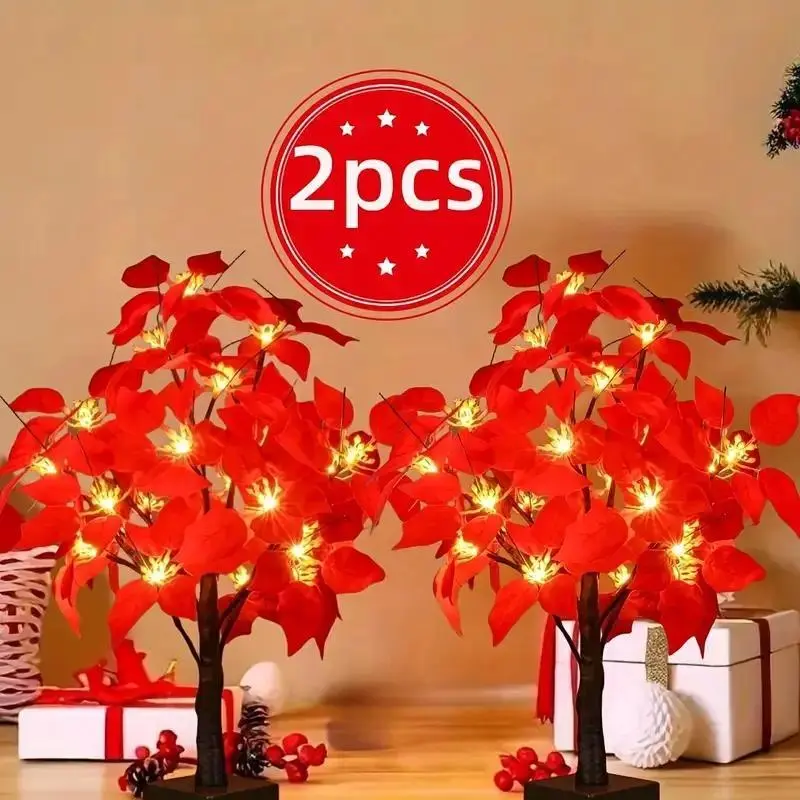Set of 2 LED Poinsettia Christmas Trees, Lighted Floral Tabletop Decorations, Artificial Flower Trees for Home, Living Room, Bedroom, Office, Holiday Party Decor