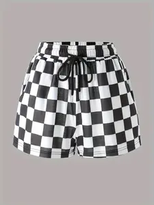 Women's Plaid Checkerboard Print Drawstring Adjustable Waist Fitted Shorts, Chic Casual Pocket Shorts for Summer, Women's Bottoms for Daily Wear