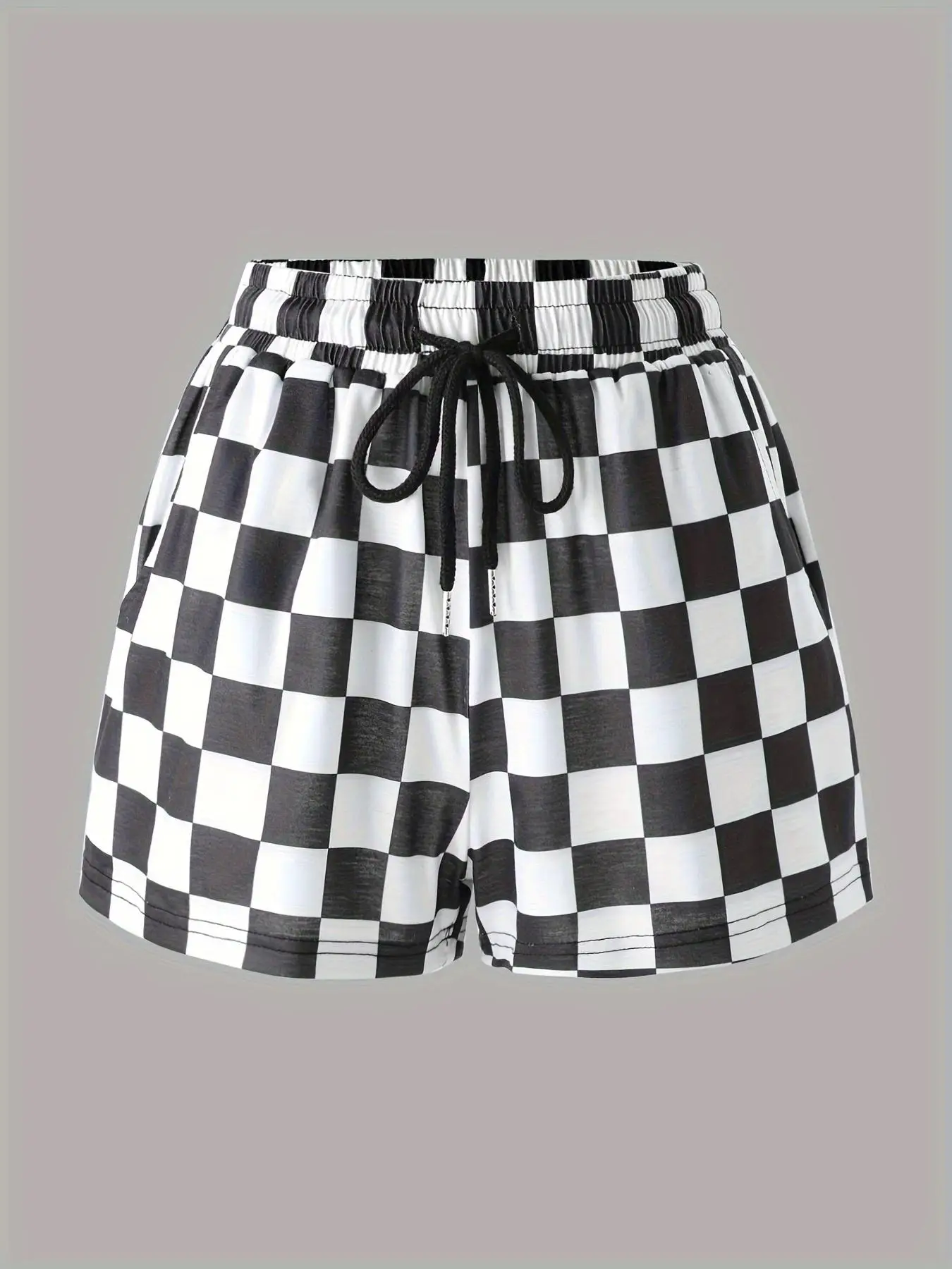 Women's Checkerboard Print Drawstring Waist Shorts, Casual Pocket Shorts for Summer, Women's Bottoms for Daily Wear