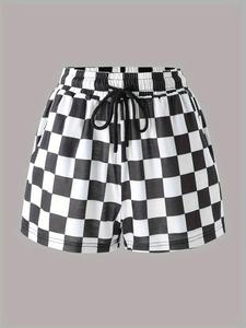 women's checkerboard print drawstring waist shorts, chic casual pocket shorts for summer, women's bottoms for daily wear, shorts for women, summer shorts, womenswear