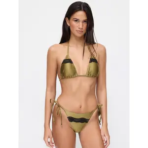 Cider Lace Trim Halter Neck Triangle Bikini Set With Adjustable Straps