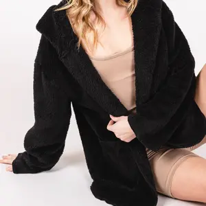 Women's Soft Faux Fur Sherpa Hooded Open Front Cardigan Jacket Womenswear Coats Comfort Outerwear Long Sleeve