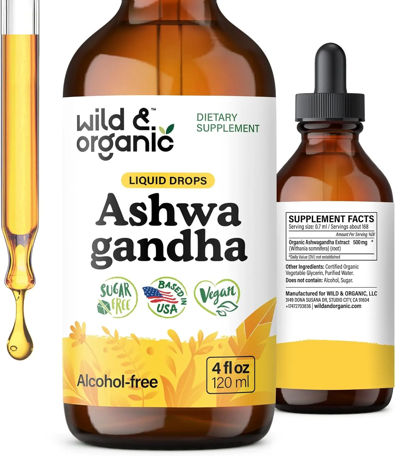 Wild & Organic's Ashwagandha Liquid Drops - Calming Ashwagandha Root Extract for Relaxation - 1-Month Supply - Herbal Supplements for Women and Men - Vegan, Sugar & Alcohol-Free Tincture