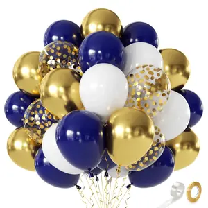 60pcs Navy Blue, White & Gold Balloons with Metallic & Confetti for Birthday and Party Decor