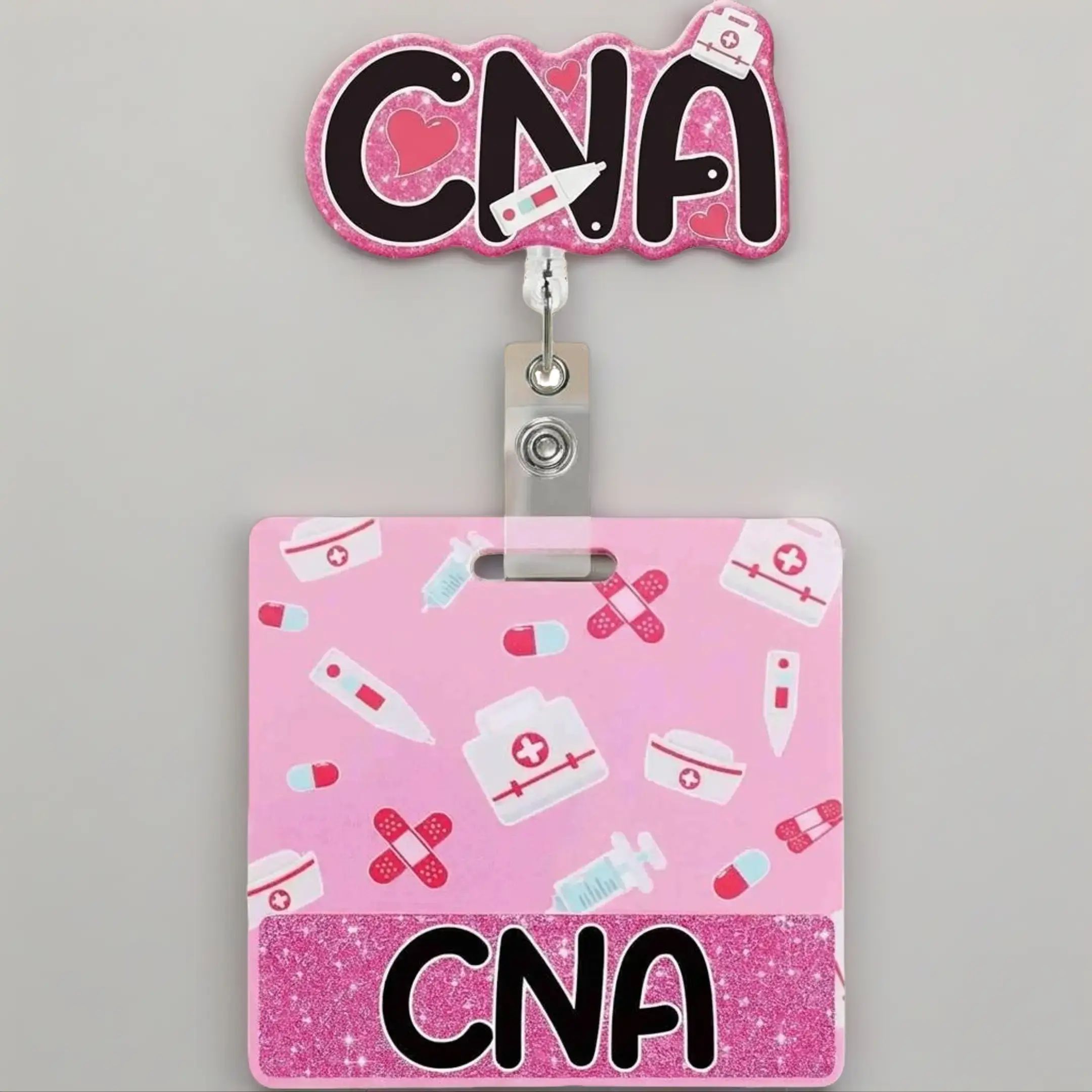 CNA Badge Reel with Buddy CNA Badge Buddy Pink Glitter Nurse Badge Reel Retractable CNA Gifts for Nurses