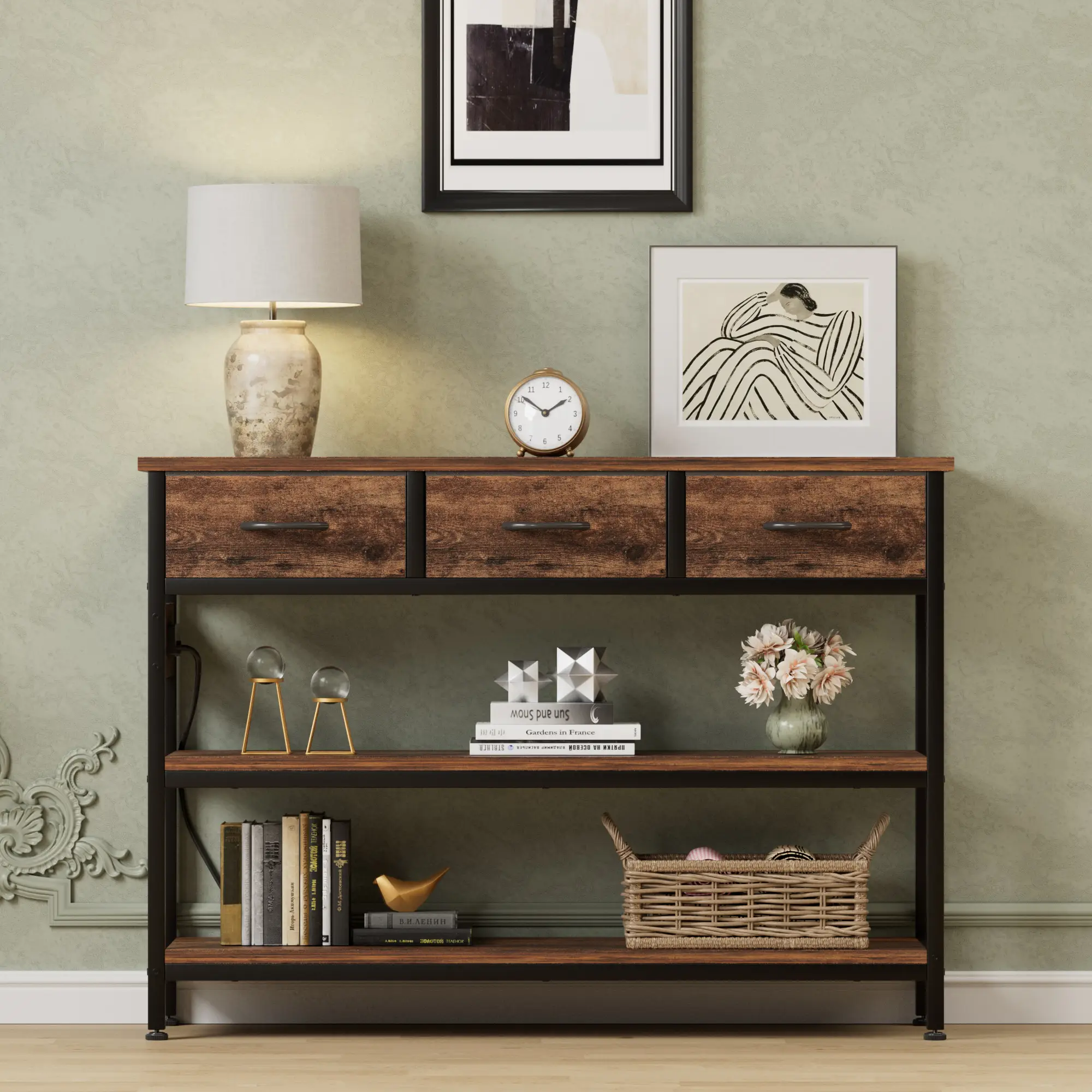 【FallDealsForYou】AOWOS Entryway Table with Power Outlets, Console Table with 3 Fabric Drawers, 3 Drawers Dresser, Entryway Console Table with storage