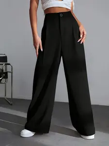 Women's Wide Leg Loose Fit Pants, Non-Elastic Casual Long Trousers, Woven Elegant Fashion Design, Perfect for Daily Commuting Womenswear Bottom