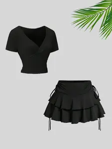 Women's Back-To-School Skirt Set, V-Neck Solid Color Pleated Tee & Faux Drawstring Swing Skirt, Casual Fashion for Spring & Fall