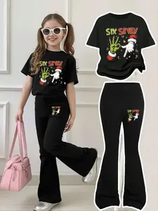 Girls' Christmas Monster Gesture Short Sleeve Bell Bottoms Set, Fun Holiday, Casual Fitted Style, Comfortable and Breathable, Clothes Kids