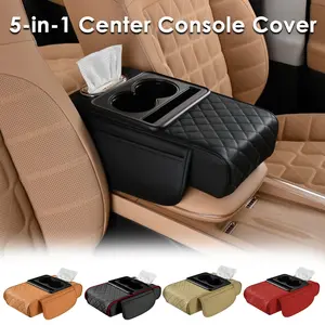 5 in 1 Thicked Car Center Console Armrest Pillow, Memory Foam Auto Armrest Box Cover with 2 Storage Bags Tissue Box Slot Cup Holder & Phone Holder, Waterproof Leather Arm Rest Protector Cushion, Car Accessories