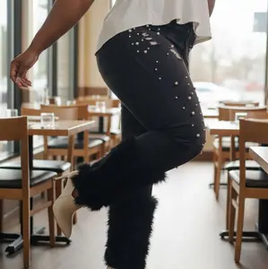 Casual Fashion Stretch High Waist Denim Jeans for Women Pearl Feather Ripped Design with Additional Bottoms Comfortable Everyday Style Streetwear Womenswear Fit Solid Pants Black Basic Baggy Jeans Jean Denim Tears Flare Jeans Slim Skinny Pieces Tops