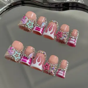 Hailey's duck shape shiny gems flame cute luxury acrylic handmade press on nails A18