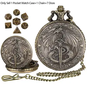 Bronze Dragon Holding Sword Pattern Pocket Watch Case with Pendant Chain, Includes 7 Mini Metal Polyhedral Dice for Tabletop Role-Playing Board Game, Indoor Entertainment Gaming Accessories