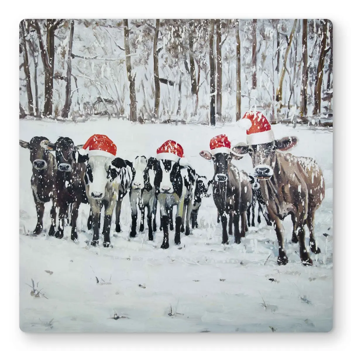 Begin Home Decor C1MP16166EEJ7Z 16 x 16 in. Curious Christmas Cows Wall Art - Rustic Brown Metal Print