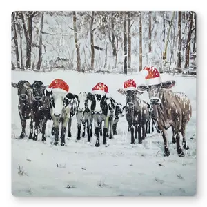 212 MAIN Curious Christmas Cows Artistic Wall Artwork - 16x16 in. Rustic Brown Aluminum Metal Print, Vibrant Animal Scene, Farmhouse Room Holiday Home Decor Gift