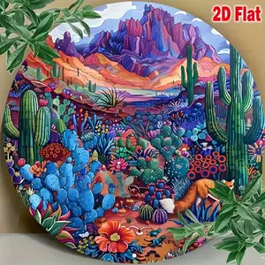 2D Flat,1pc Scene With Cacti Foxes Round Vintage Aluminum Metal Sign Garden Yard Signs For Home Living Room Autumn Wall Decor With Pre-Drilled Hole Halloween Gifts Christmas Gifts 8x8 Inch Decorative Sign Plaque