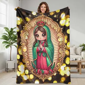 Our Lady of Guadalupe Cartoon Virgin Mary Flannel Blanket religious art print soft warm lightweight cozy gift for home decor church celebrations holiday gatherings spiritual retreats