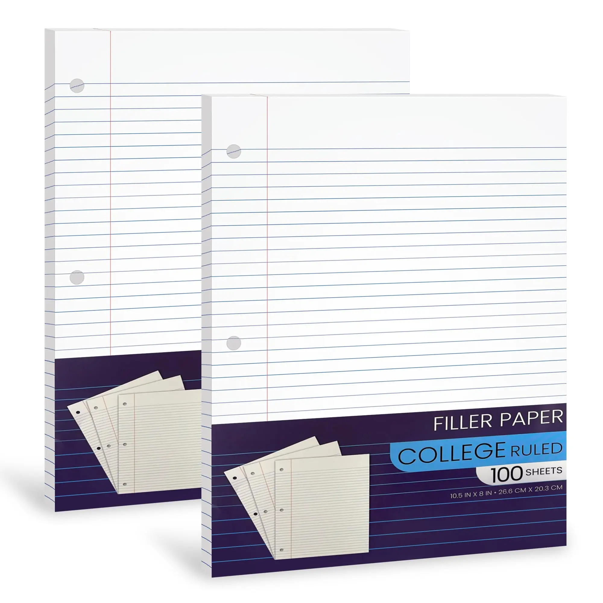 College Ruled Notebook Paper, 10.5” X 8" Loose Leaf Paper for Students, College, School - 100 Sheets