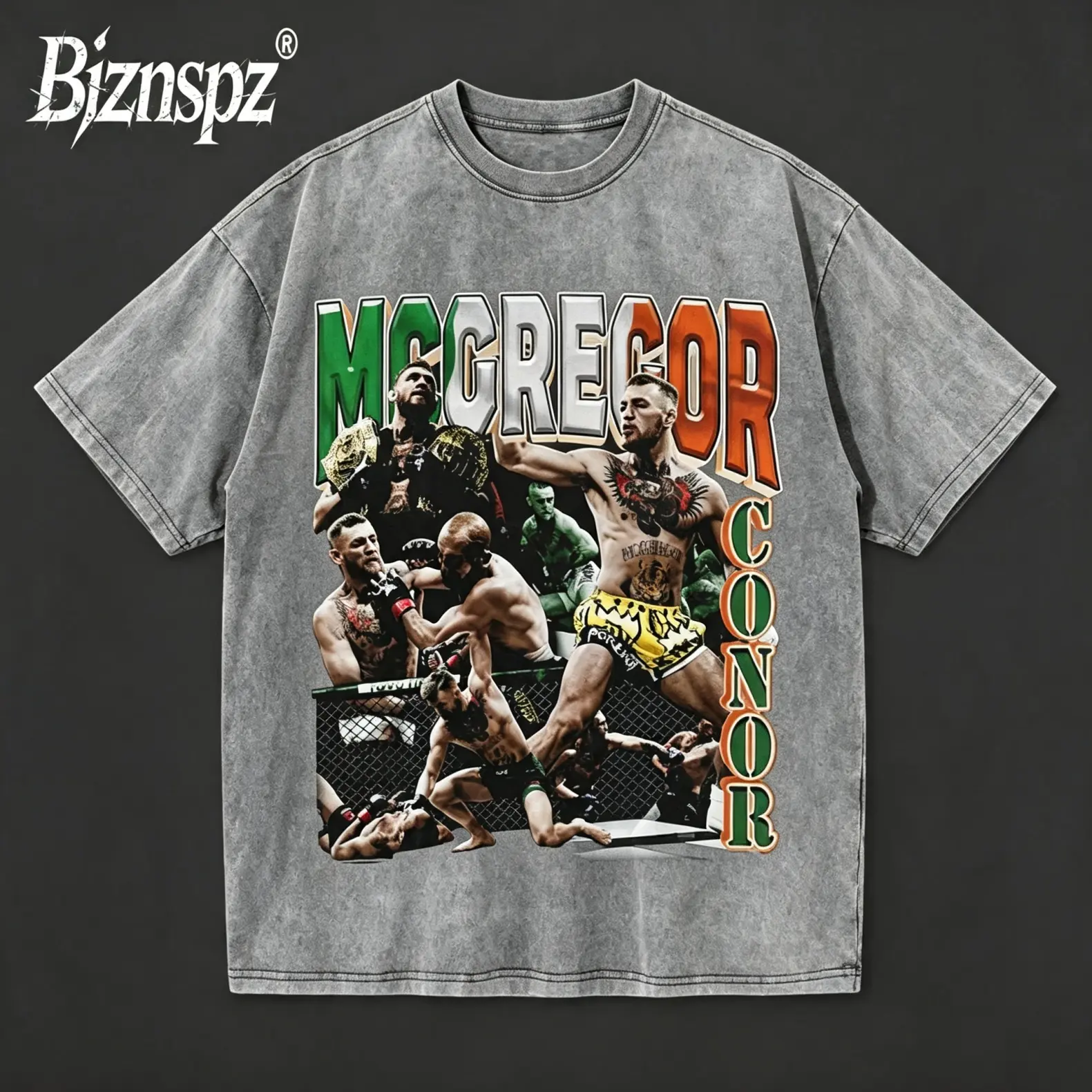 Vintage Conor McGregor UFC Irish Flag Retro Graphic Tee, The Notorious Double Champ Heavyweight Washed Oversized Cotton Short Sleeve Streetwear T-Shirt