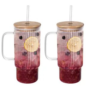 32oz Ribbed Glass Tumbler with Handle & Lid – 2-Pack Large Iced Coffee Cups with Straws, Modern Glass Mug for Cold & Hot Beverages, Aesthetic Travel Cup for Smoothies, Tea and Juice