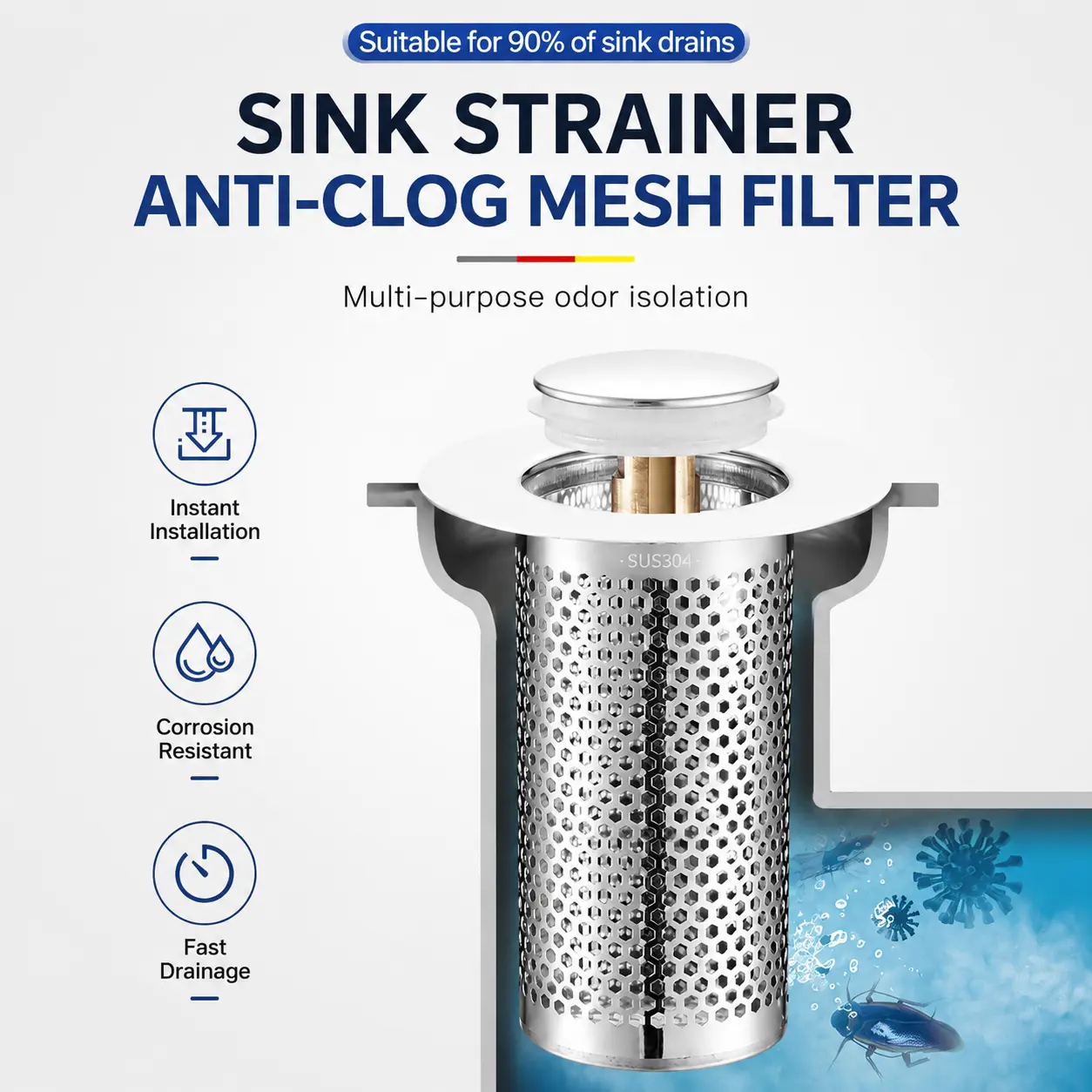 2-Piece Stainless Steel Sink Strainer Set, Durable Anti-Clog Mesh Filter for 90% of Drains, Odor-Isolating Protection Gadget with Instant Installation, Corrosion Resistance, Fast Drainage, Two Pieces