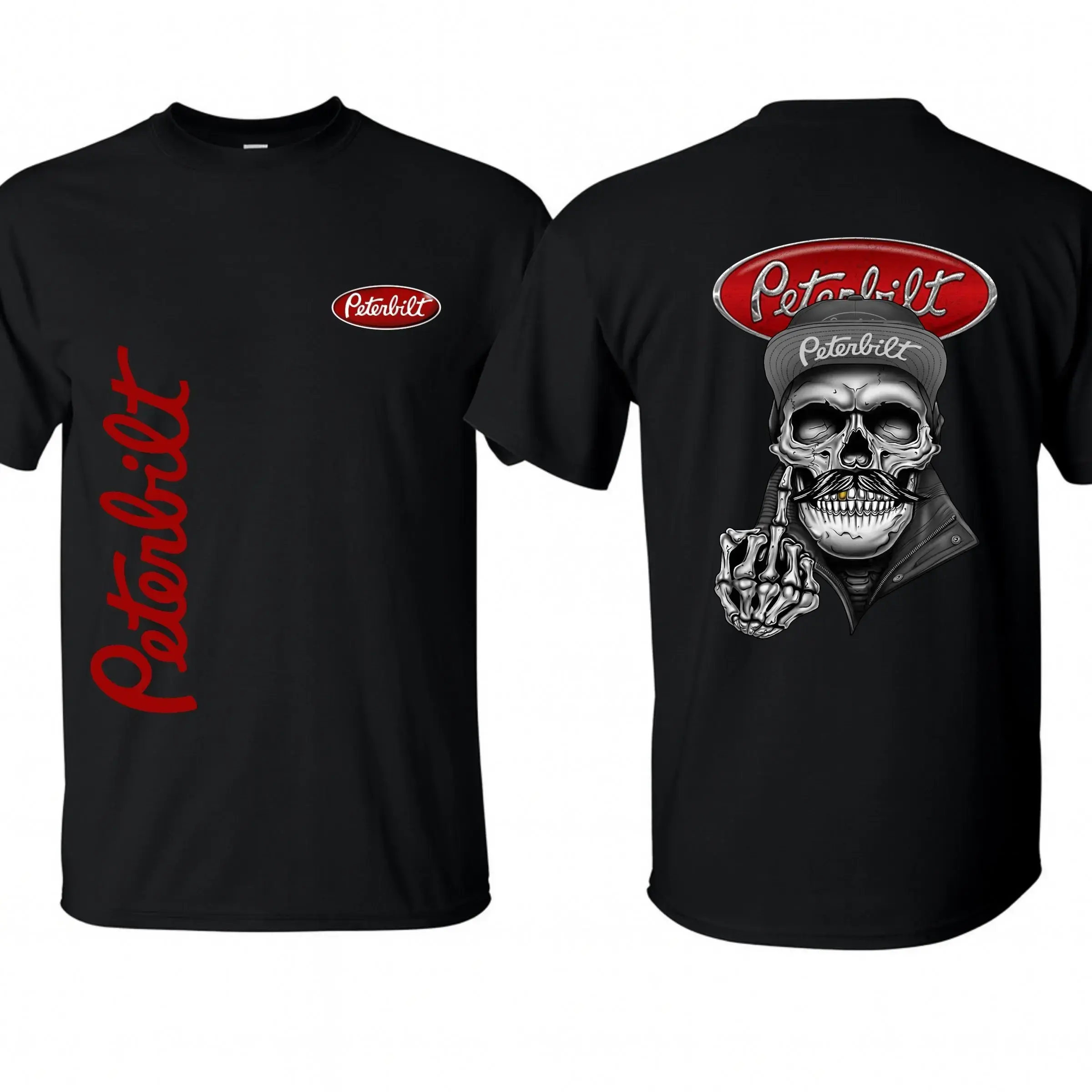 A.S Peterbilt Rebel Trucker Shirt, Soft Ring-Spun Cotton, Unique Moustache Skull Prints for Trucking Enthusiasts & Rebel Style, Breathable Sport Top Casual Graphic Top Casual Crew Neck