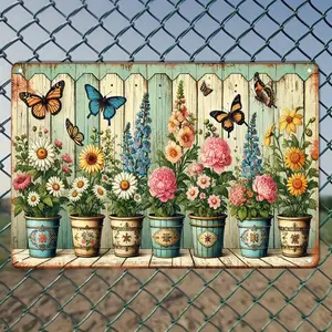 Vintage Metal Tin Sign - Colorful Flower Pots and Butterflies Rustic Decor, Durable Indoor Outdoor Hanging Decoration for Home, Office, Cafe, Bar, Garage, Outdoor Wall Decor, Wall Metal Plaque, Floral Art Painting, Weathered Effect, 2D Graphic Design