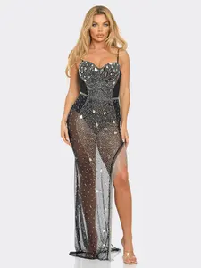Women‘s Sparkling Rhinestone Embellished High Split Semi-Sheer Dress, Sexy Spaghetti Straps Backless Maxi Dress for Lover'S Date and Party