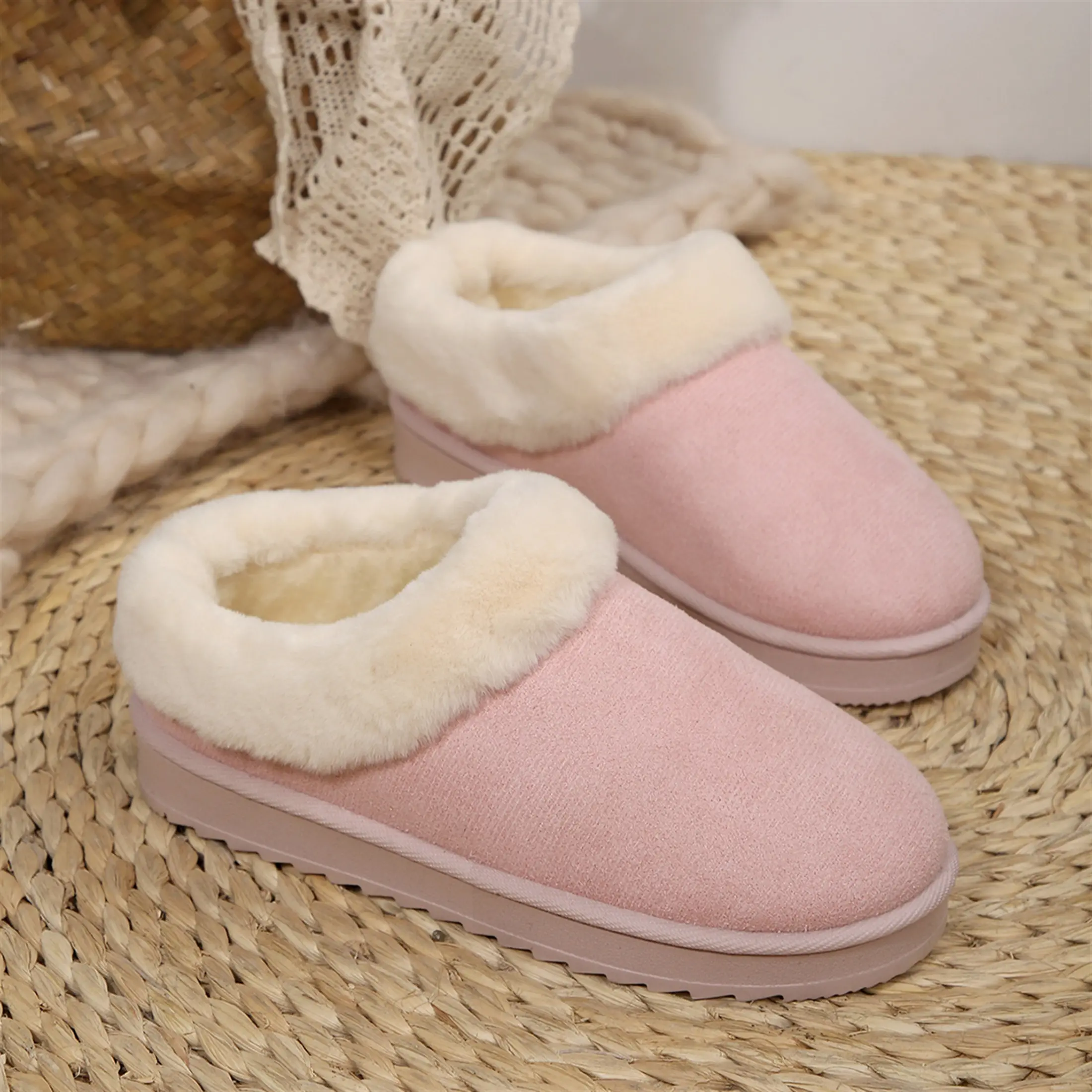 Cozy Women's Flat Fleece Slippers - Soft Padded Cotton Shoes with Winter Warm Thick Soles Mini Snow Boots for Indoor & Outdoor Shoes Winter Wear - Rubber Bottoms Included