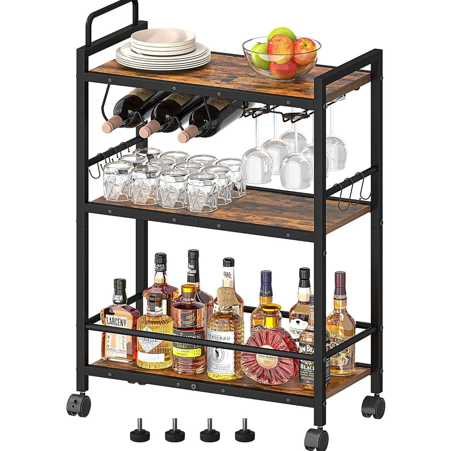 Bar Cart, Serving Cart for Home, Microwave Cart, Drink Cart, Mobile Kitchen Shelf with Wine Rack and Glass Holder, Rolling Beverage Cart for Dining Room(Rustic Brown and Black)