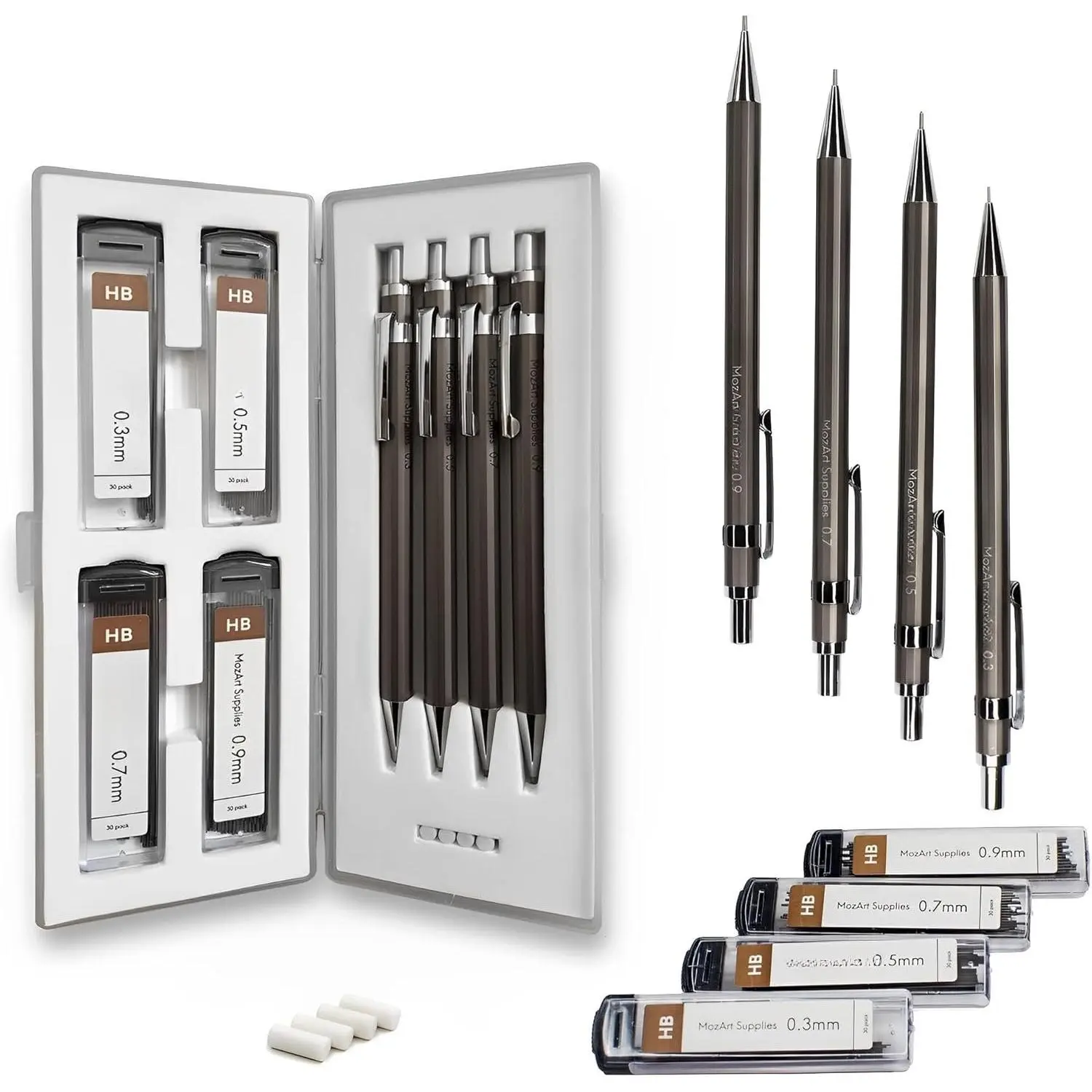 Nickel Assortment Kit Mechanical Pencils, Back-to-School Ready Set with Case - 4 Pencil Tip Sizes (0.3, 0.5, 0.7, 0.9mm), 30 HB Lead Refills Each, 4 Eraser Refills for Sketching, Drafting, Assortment Kit Pencils
