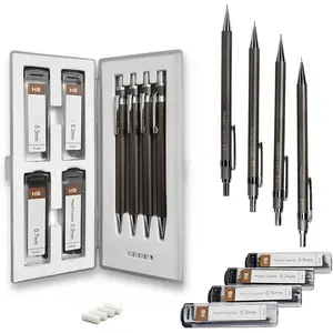 Mechanical Pencil Set with Case - 4 Sizes: 0.3, 0.5, 0.7 & 0.9mm with 30 HB Lead Refills Each & 4 Eraser Refills - Sketch, Drafting, Art, Drawing  (Nickel)