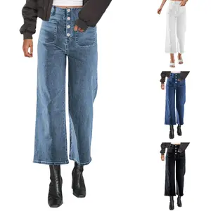 Molitree Women's High Waisted Jeans for Women Straight Wide Leg Stretchy Jeans Loose Denim Pants with Pockets Blue Womenswear Cotton Bottom Trouser Streetwear